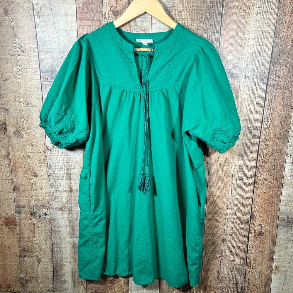 Knox Rose Green Puff Short Sleeve Boho Peasant Dress Size Medium Tassel Pockets
